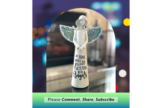 Angel statue with quote "At Home with God & Flying with Angels"