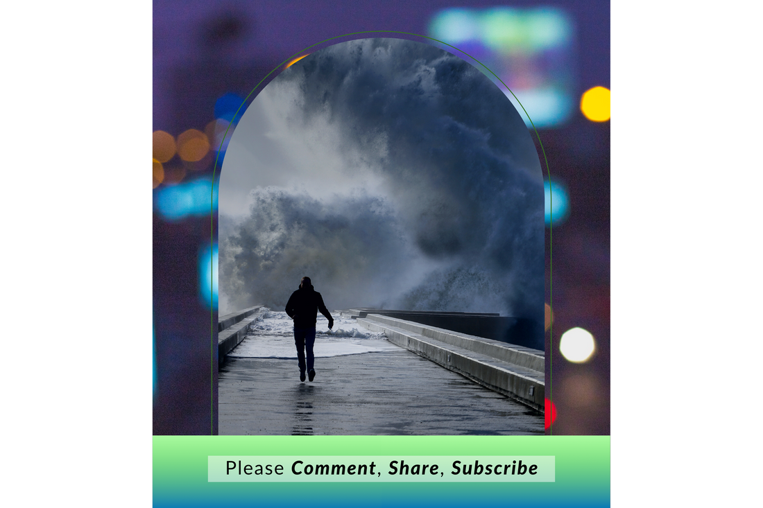 Man walking in a storm as giant waves crash around him