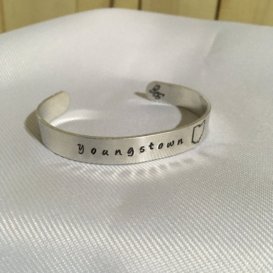 Youngstown OH Metal Stamped Cuff Bracelet, Custom Youngstown Ohio Cuff Bracelet, Personalized Youngstown Ohio Cuff Bracelet, Youngstown Gift