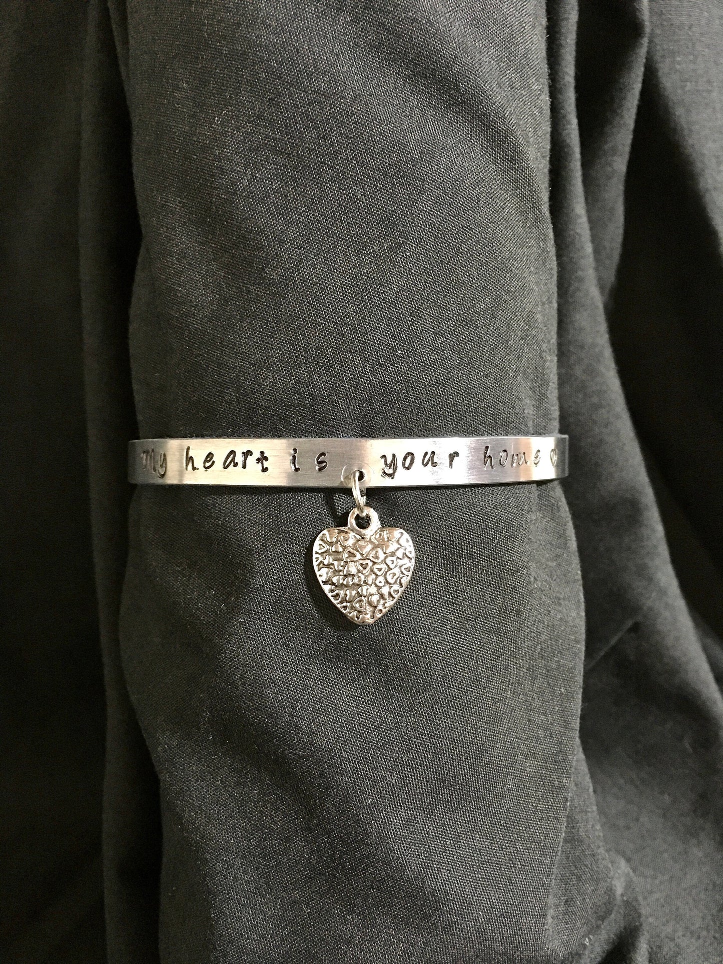 Personalized Metal Stamped Cuff Bracelet with Heart Charm, Custom Metal Bracelet, Metal Heart Bracelet, Heart Charm Cuff Bracelet