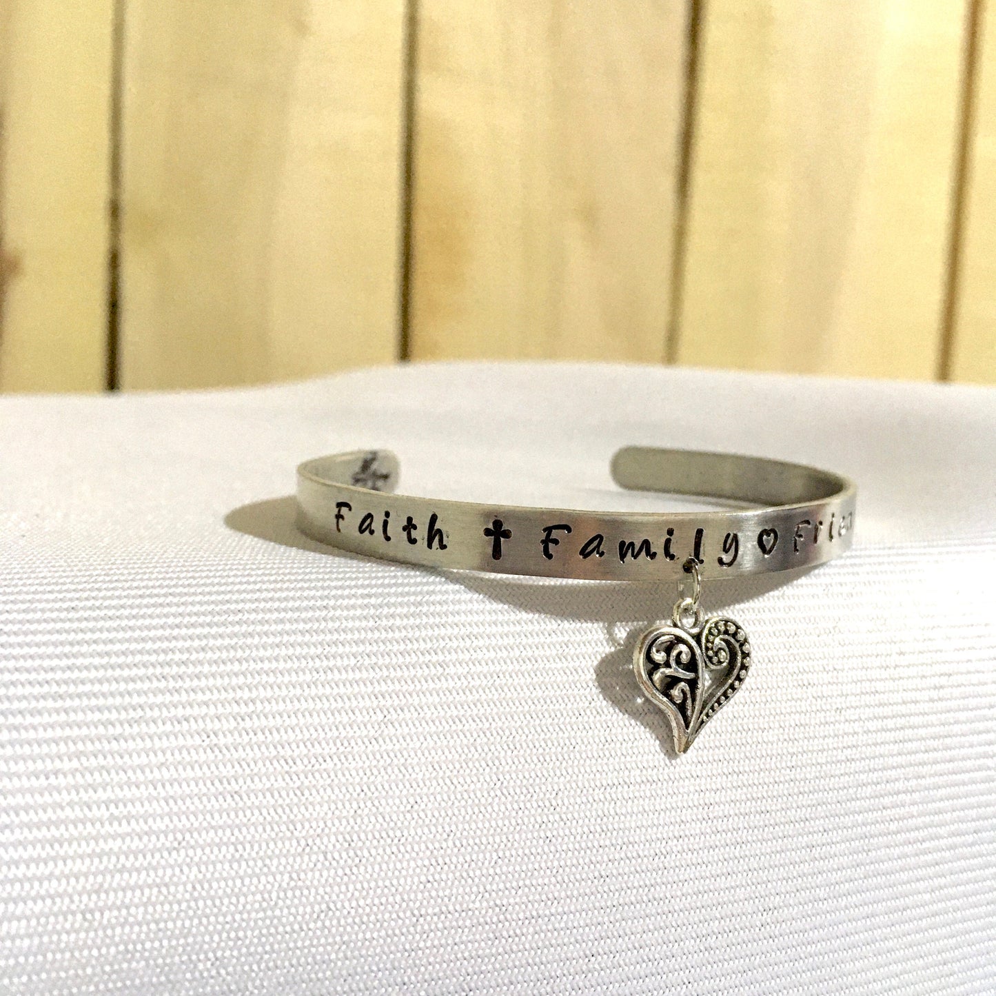 Personalized Metal Stamped Cuff Bracelet with Heart Charm, Custom Metal Bracelet, Metal Heart Bracelet, Heart Charm Cuff Bracelet