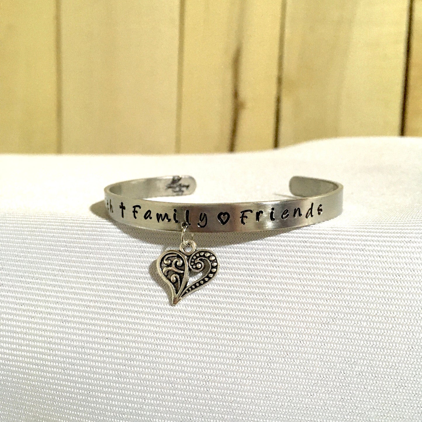 Personalized Metal Stamped Cuff Bracelet with Heart Charm, Custom Metal Bracelet, Metal Heart Bracelet, Heart Charm Cuff Bracelet