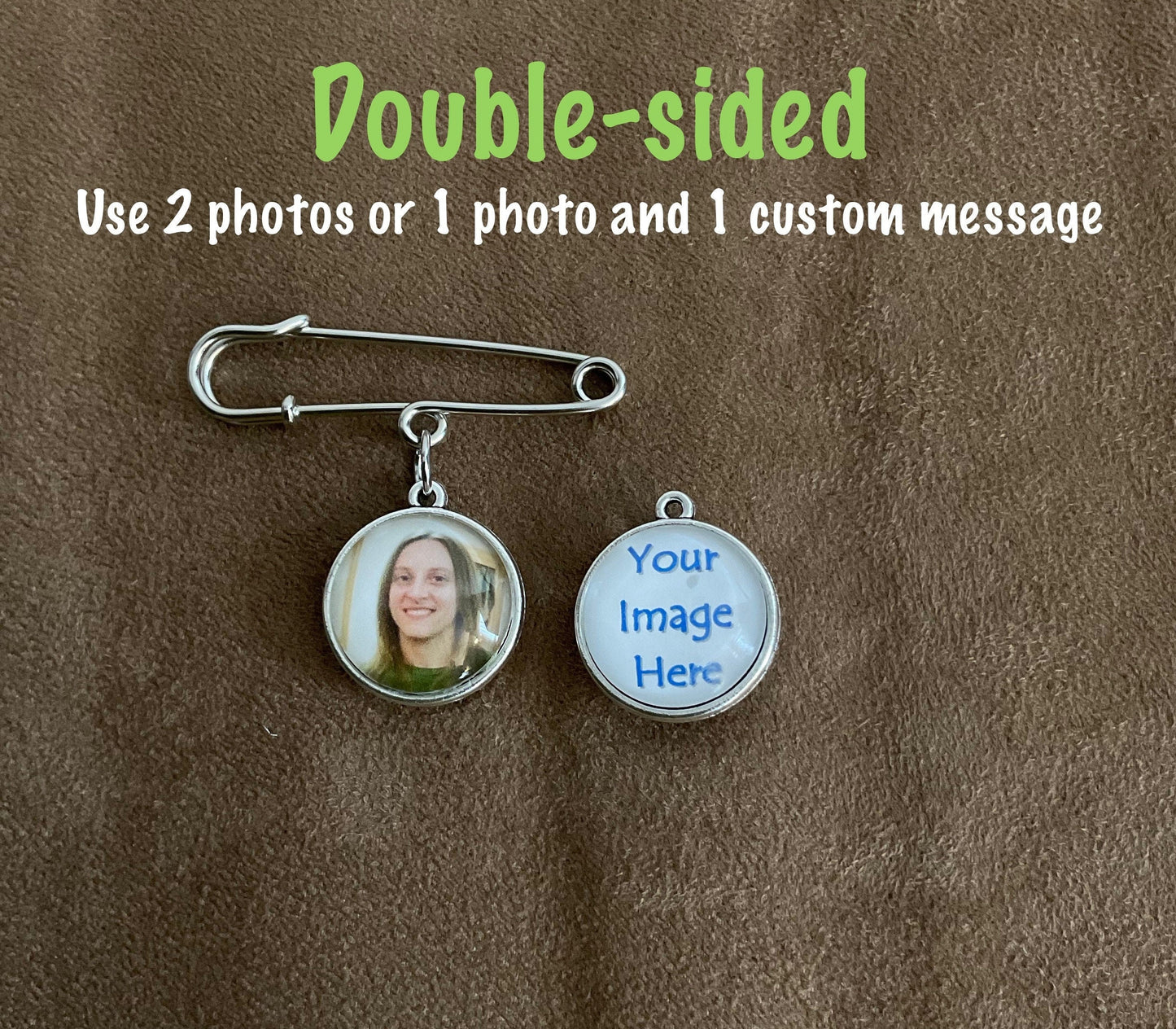 Personalized Memorial Photo Pin, Bridal Photo Charm, Groom Boutonniere Memorial Pin, Graduation Memorial Pin, Memorial Lapel Pin, Double sided Charm Pin, 2 Photo Pin