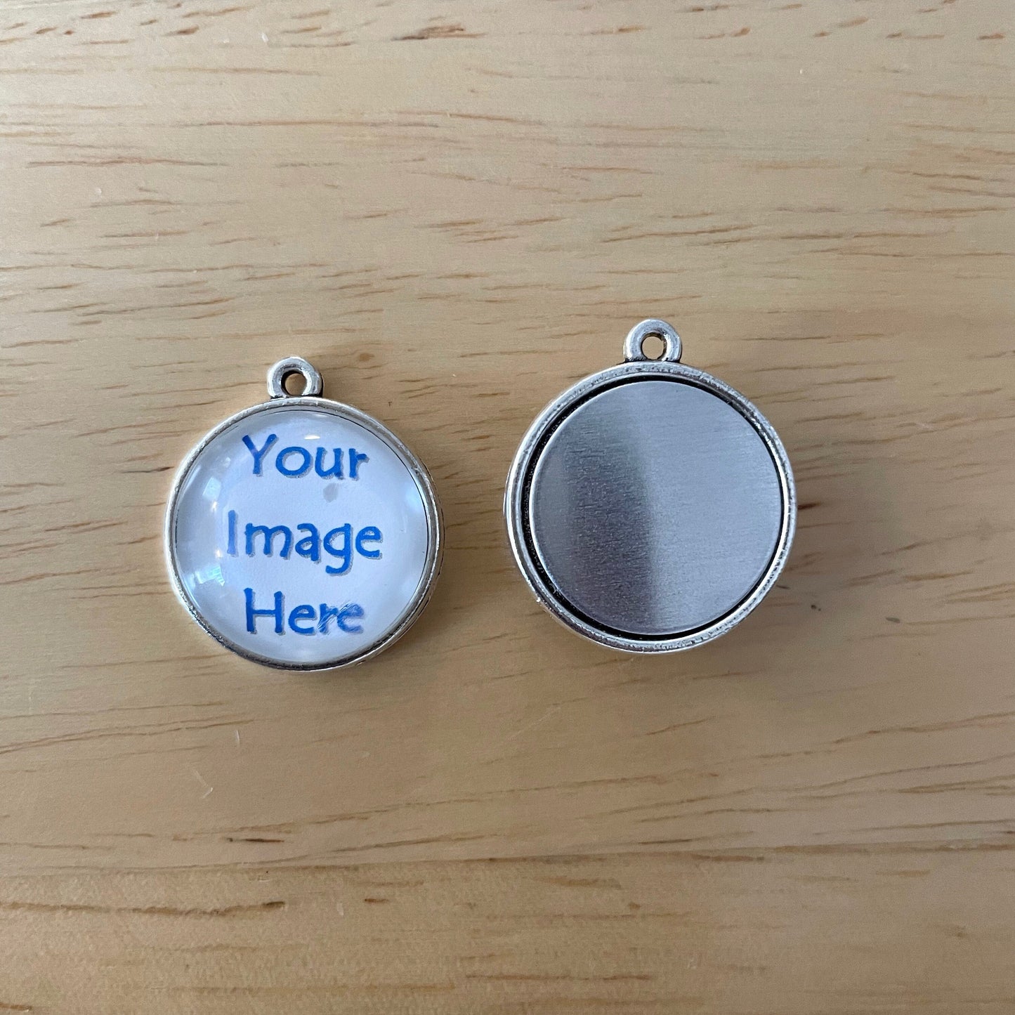 Custom Double-Sided Photo Charm with Hand Stamped Back, Custom Picture Charm, Memorial Photo Charm, Message Charm, Two Sided Cabochon, 20mm