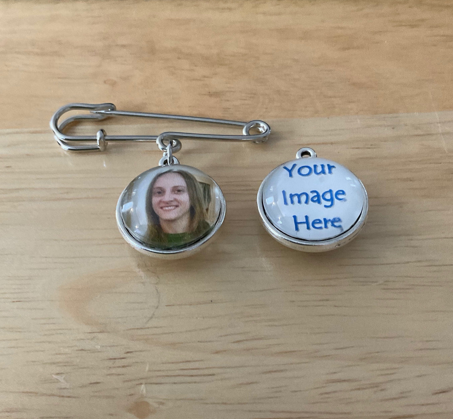 Personalized Memorial Photo Pin, Bridal Photo Charm, Groom Boutonniere Memorial Pin, Graduation Memorial Pin, Memorial Lapel Pin, Double sided Charm Pin, 2 Photo Pin