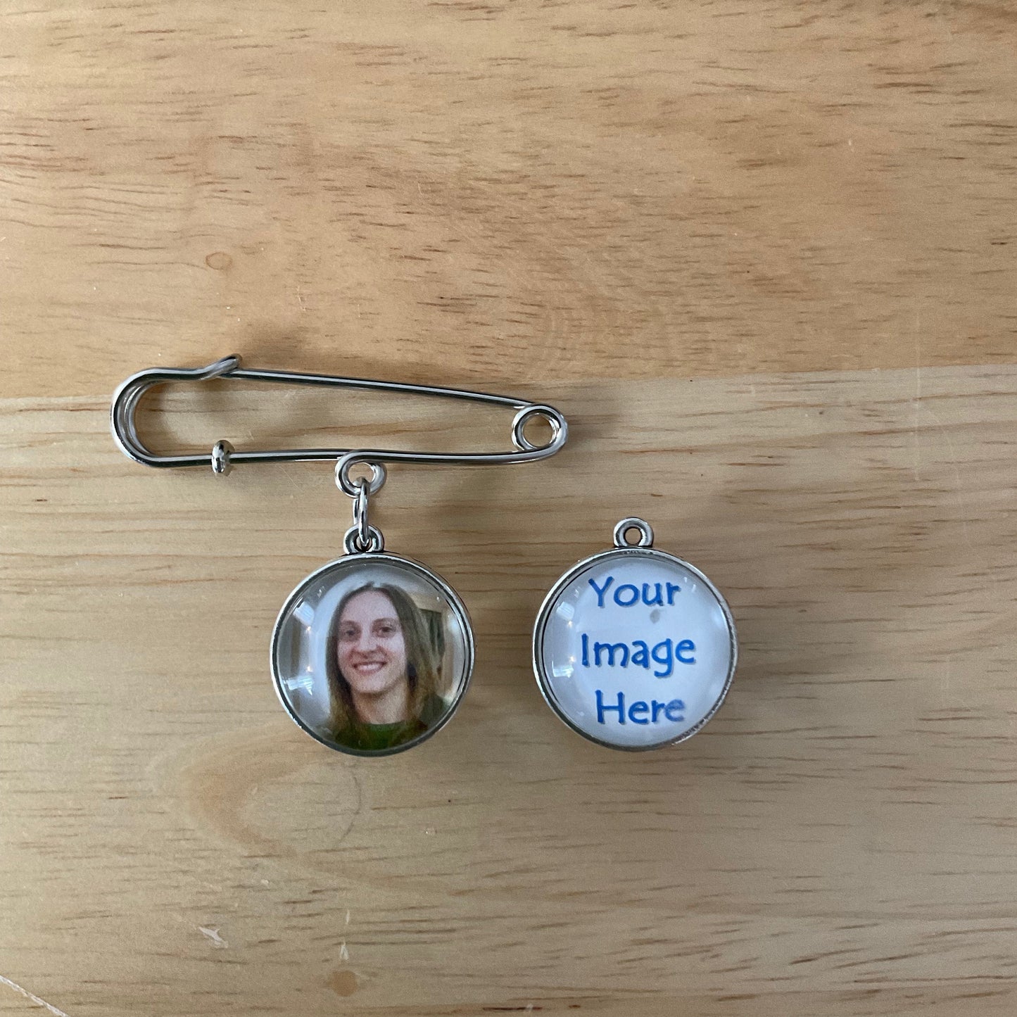 Personalized Memorial Photo Pin, Bridal Photo Charm, Groom Boutonniere Memorial Pin, Graduation Memorial Pin, Memorial Lapel Pin, Double sided Charm Pin, 2 Photo Pin