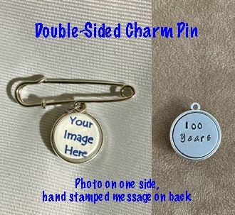 Personalized Memorial Photo Pin, Photo Charm with Stamped Back, Groom Boutonniere Memorial Pin, Memorial Lapel Pin, Double sided Charm Pin