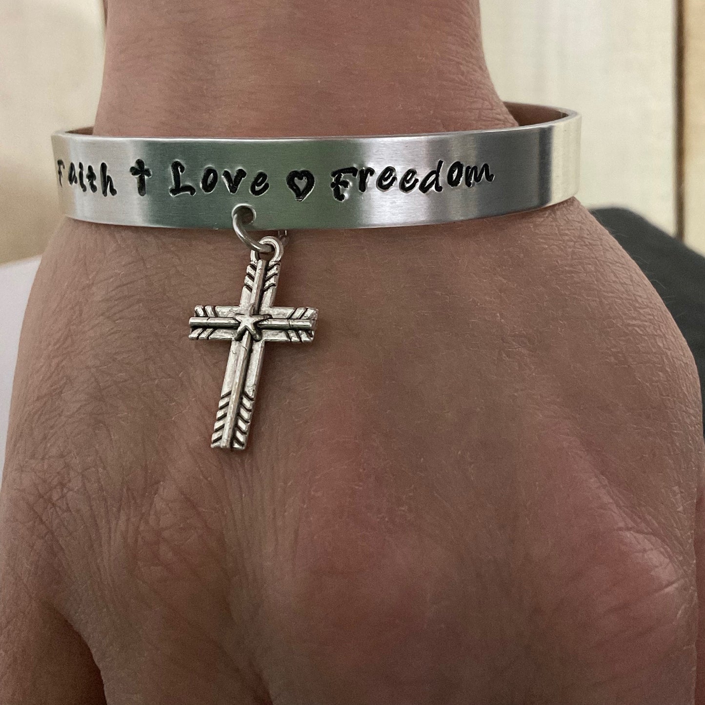 Personalized Silver Cuff Bracelet, Metal Stamped Bracelet, Cross Charm Bracelet, Cross Charm Cuff, Christian Bracelet Gift, Aluminum Cuff