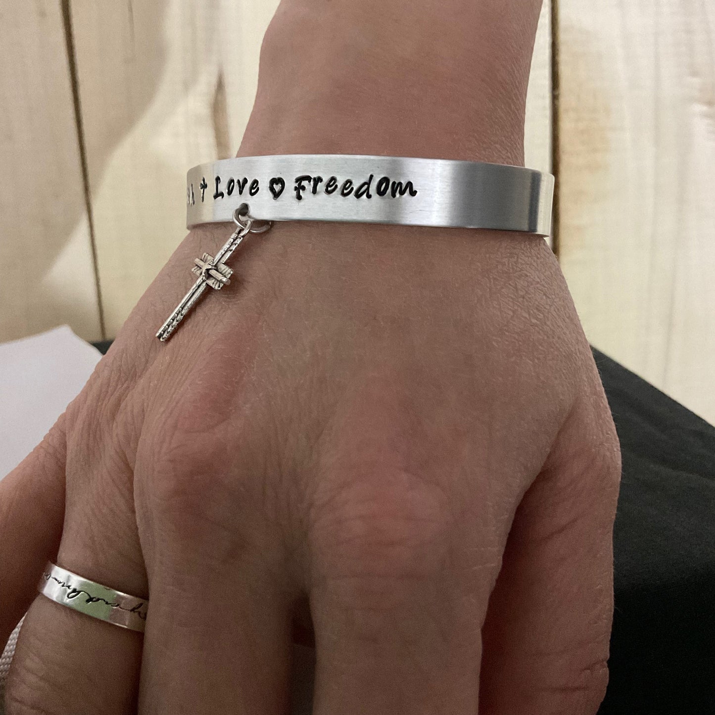 Personalized Silver Cuff Bracelet, Metal Stamped Bracelet, Cross Charm Bracelet, Cross Charm Cuff, Christian Bracelet Gift, Aluminum Cuff