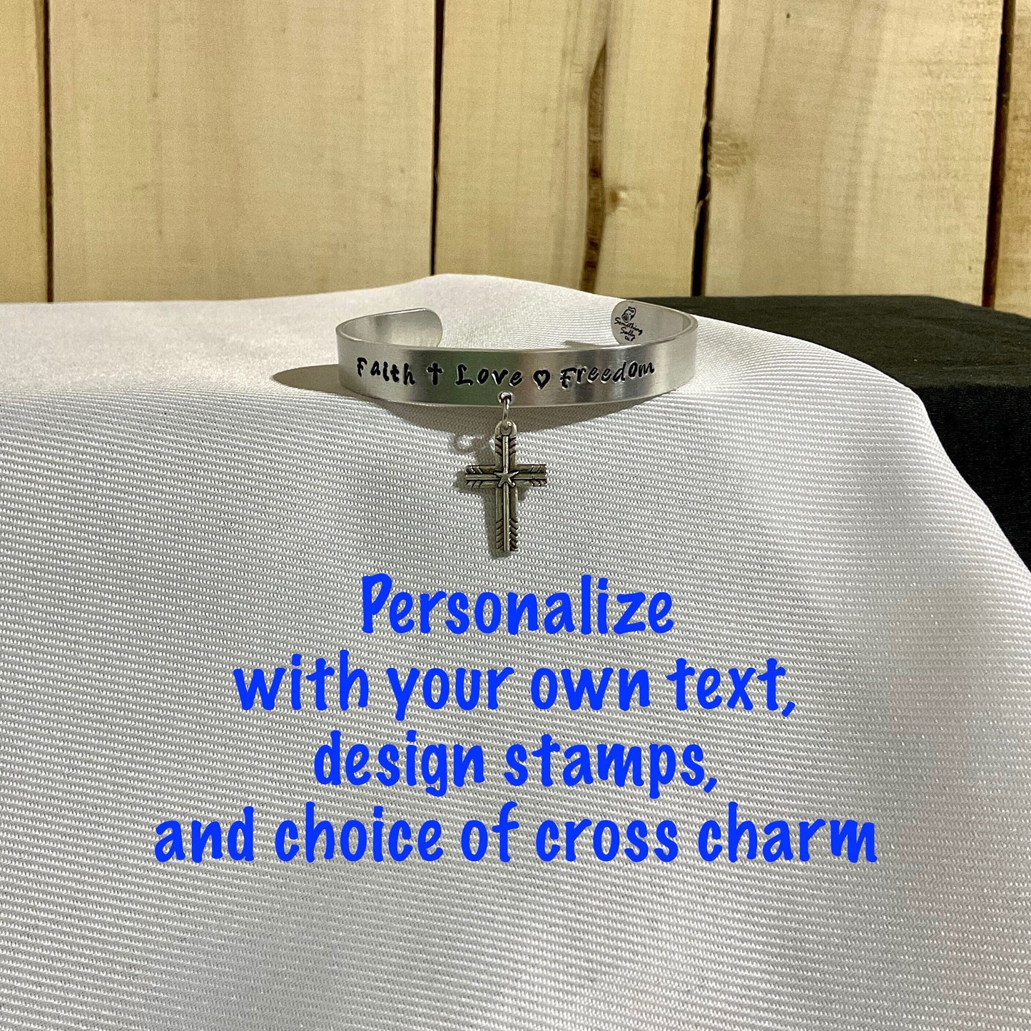 Personalized Silver Cuff Bracelet, Metal Stamped Bracelet, Cross Charm Bracelet, Cross Charm Cuff, Christian Bracelet Gift, Aluminum Cuff