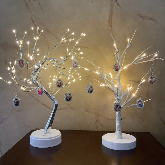 LED Memory Tree, Family Tree with Photos, Memorial Tree for Wedding, Wedding Memorial Table Photo Tree, Graduation Party Memorial Display Tree, 3 Charms on Lighted Tree