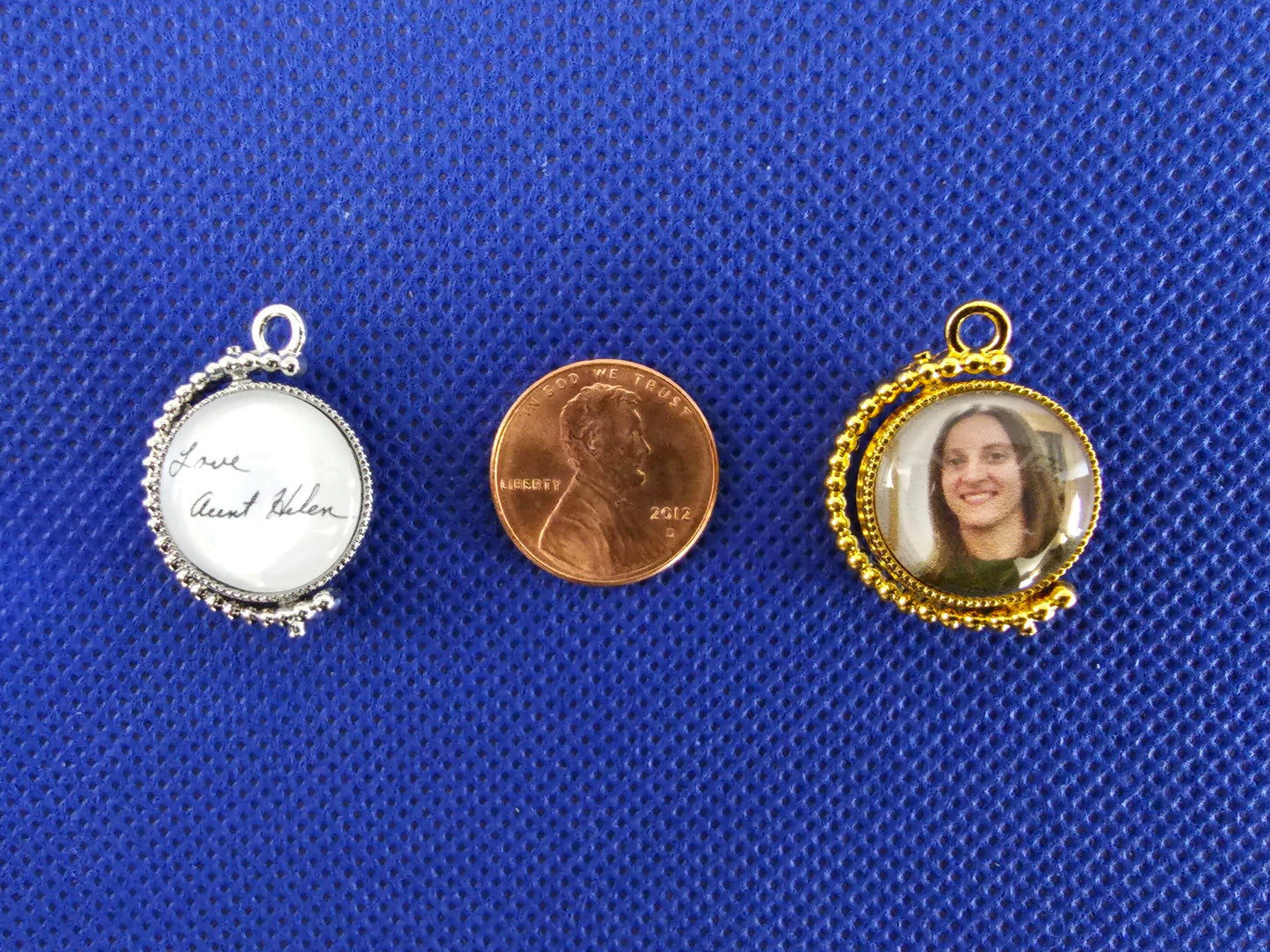 Double Sided Photo Charm, Rotating Picture Pendant, Custom Memorial Jewelry, Personalized Wedding Charm, Sympathy Gift Photo, 16mm Cabochon