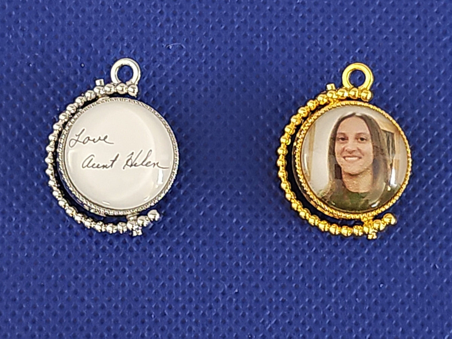 Double Sided Photo Charm, Rotating Picture Pendant, Custom Memorial Jewelry, Personalized Wedding Charm, Sympathy Gift Photo, 16mm Cabochon