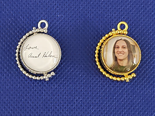 Double Sided Photo Charm, Rotating Picture Pendant, Custom Memorial Jewelry, Personalized Wedding Charm, Sympathy Gift Photo, 16mm Cabochon